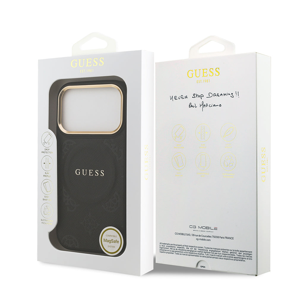Apple iPhone 17 Pro Kılıf Guess Orjinal Lisanslı M-safe Şarj Özellikli Sıcak Baskılı Yazı Logolu PU Deri Peony Kapak Pembe