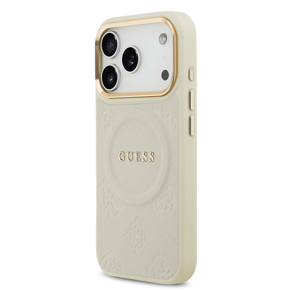 Apple iPhone 17 Pro Kılıf Guess Orjinal Lisanslı M-safe Şarj Özellikli Sıcak Baskılı Yazı Logolu PU Deri Peony Kapak Kahverengi