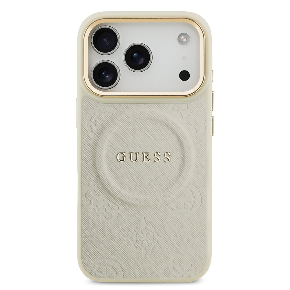 Apple iPhone 17 Pro Kılıf Guess Orjinal Lisanslı M-safe Şarj Özellikli Sıcak Baskılı Yazı Logolu PU Deri Peony Kapak Kahverengi