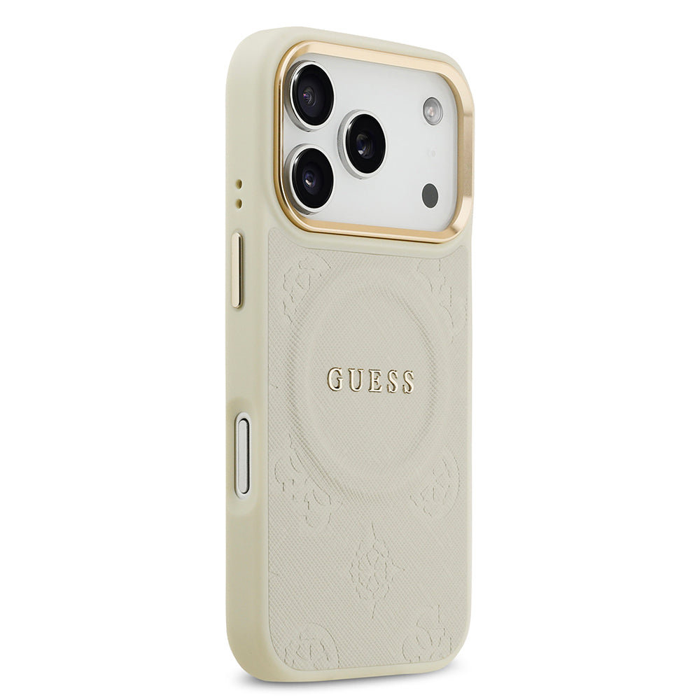 Apple iPhone 17 Pro Kılıf Guess Orjinal Lisanslı M-safe Şarj Özellikli Sıcak Baskılı Yazı Logolu PU Deri Peony Kapak Pembe