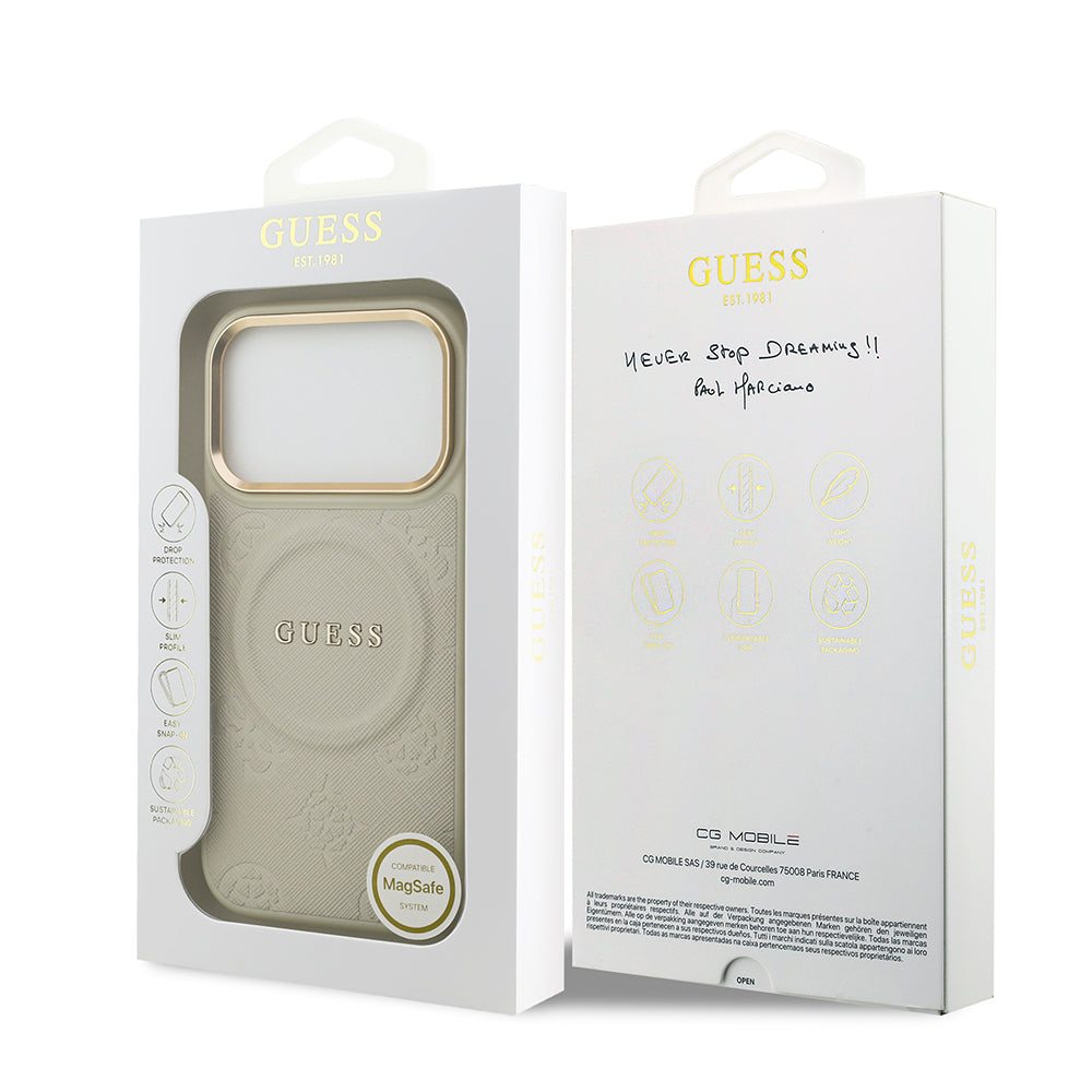 Apple iPhone 17 Pro Kılıf Guess Orjinal Lisanslı M-safe Şarj Özellikli Sıcak Baskılı Yazı Logolu PU Deri Peony Kapak Kahverengi