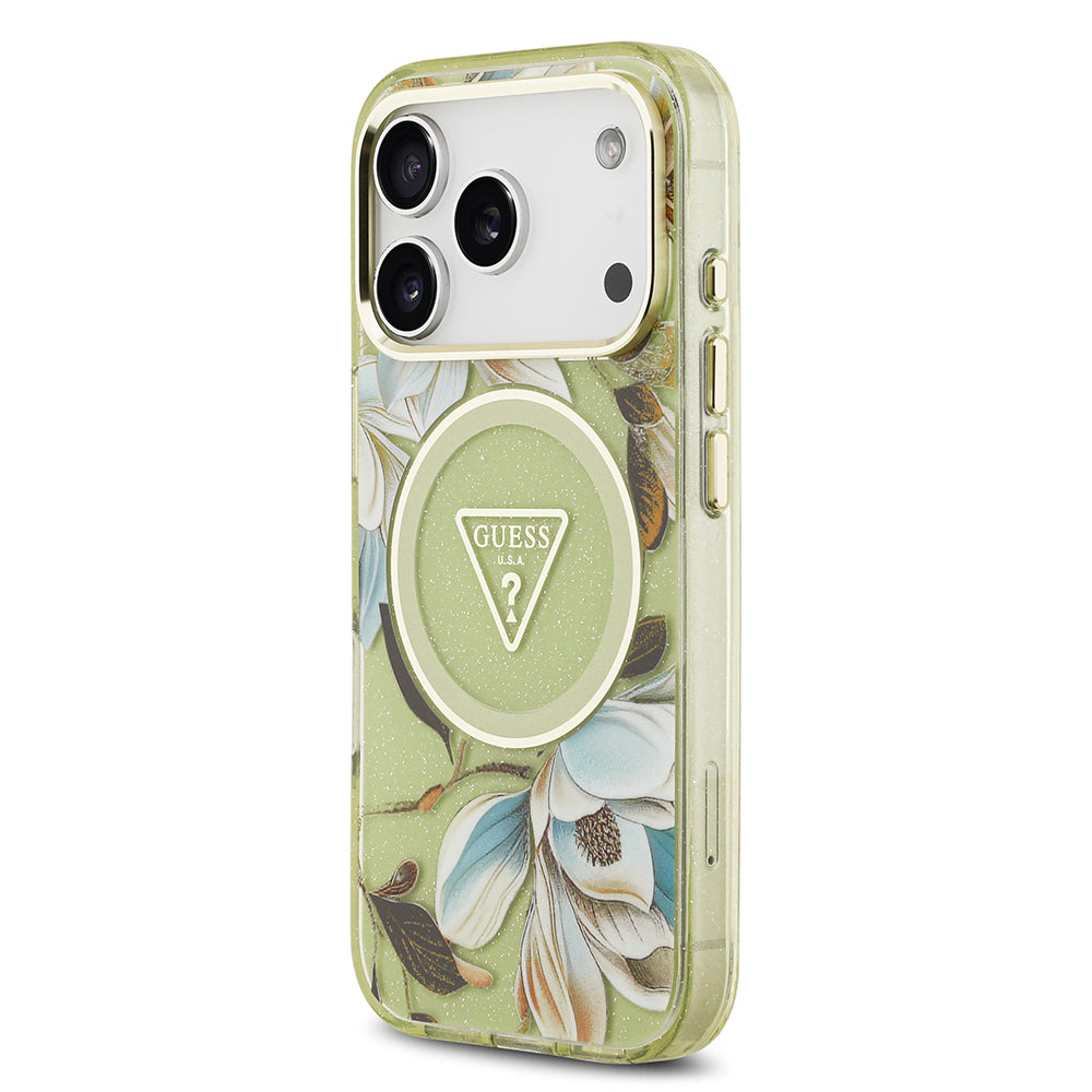 Apple iPhone 17 Pro Kılıf Guess Orjinal Lisanslı M-safe Şarj Özellikli Simli Çiçek Desenli Metal Kamera Çerçeveli Üçgen Logolu Kapak Mor