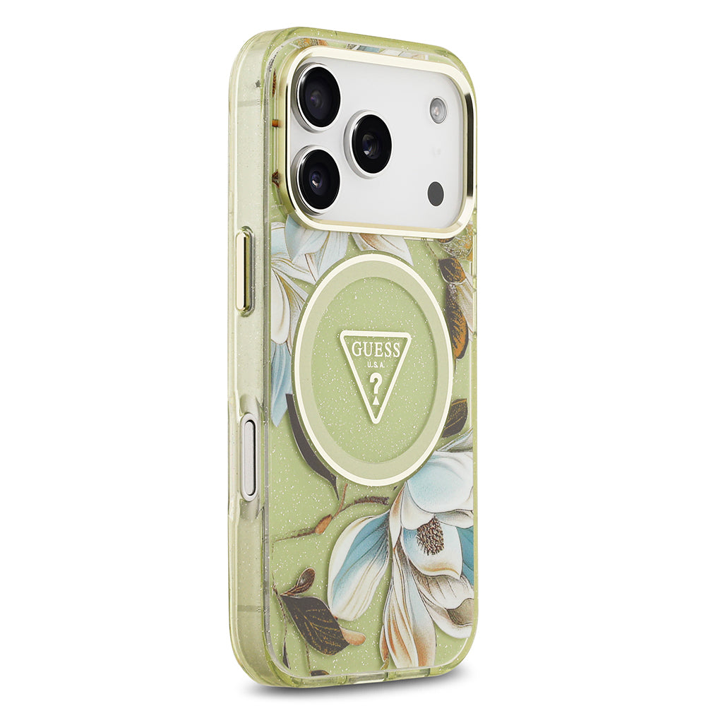 Apple iPhone 17 Pro Kılıf Guess Orjinal Lisanslı M-safe Şarj Özellikli Simli Çiçek Desenli Metal Kamera Çerçeveli Üçgen Logolu Kapak Yeşil