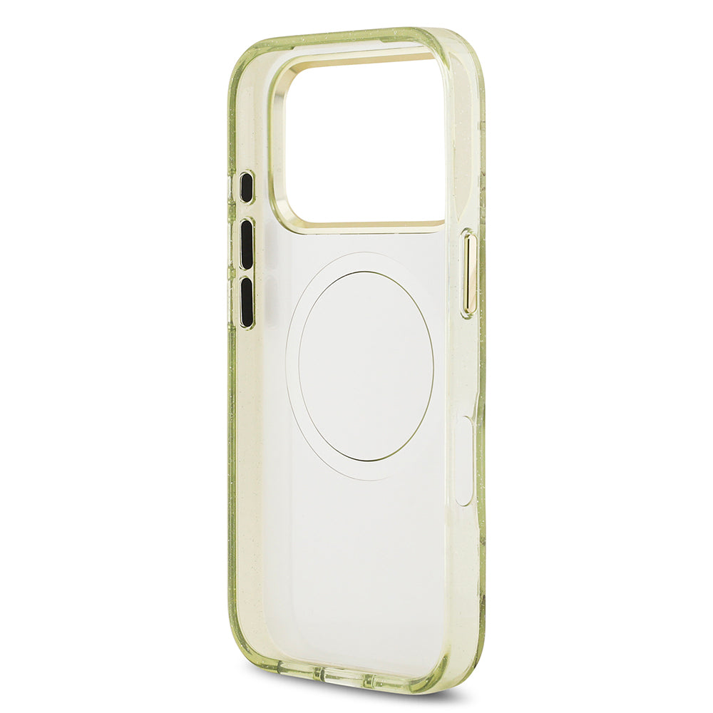 Apple iPhone 17 Pro Kılıf Guess Orjinal Lisanslı M-safe Şarj Özellikli Simli Çiçek Desenli Metal Kamera Çerçeveli Üçgen Logolu Kapak Yeşil