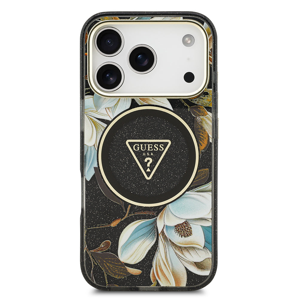 Apple iPhone 17 Pro Kılıf Guess Orjinal Lisanslı M-safe Şarj Özellikli Simli Çiçek Desenli Metal Kamera Çerçeveli Üçgen Logolu Kapak Siyah