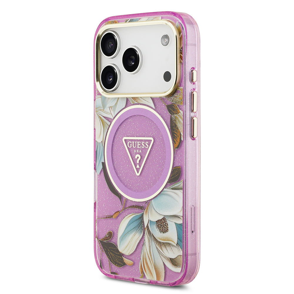 Apple iPhone 17 Pro Kılıf Guess Orjinal Lisanslı M-safe Şarj Özellikli Simli Çiçek Desenli Metal Kamera Çerçeveli Üçgen Logolu Kapak Beyaz