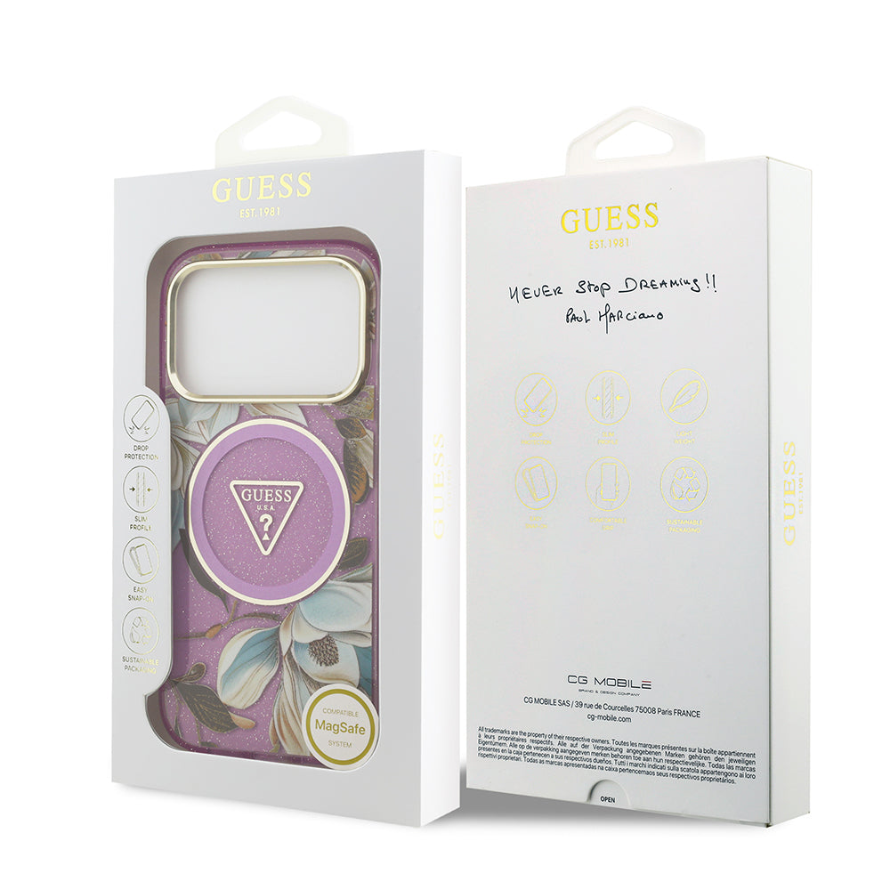 Apple iPhone 17 Pro Kılıf Guess Orjinal Lisanslı M-safe Şarj Özellikli Simli Çiçek Desenli Metal Kamera Çerçeveli Üçgen Logolu Kapak Beyaz