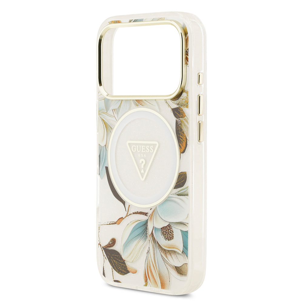 Apple iPhone 17 Pro Kılıf Guess Orjinal Lisanslı M-safe Şarj Özellikli Simli Çiçek Desenli Metal Kamera Çerçeveli Üçgen Logolu Kapak Siyah