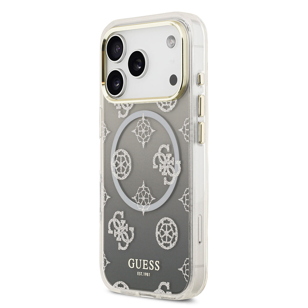 Apple iPhone 17 Pro Kılıf Guess Orjinal Lisanslı M-safe Şarj Özellikli Simli Peony Desenli Silikon Kapak Pembe