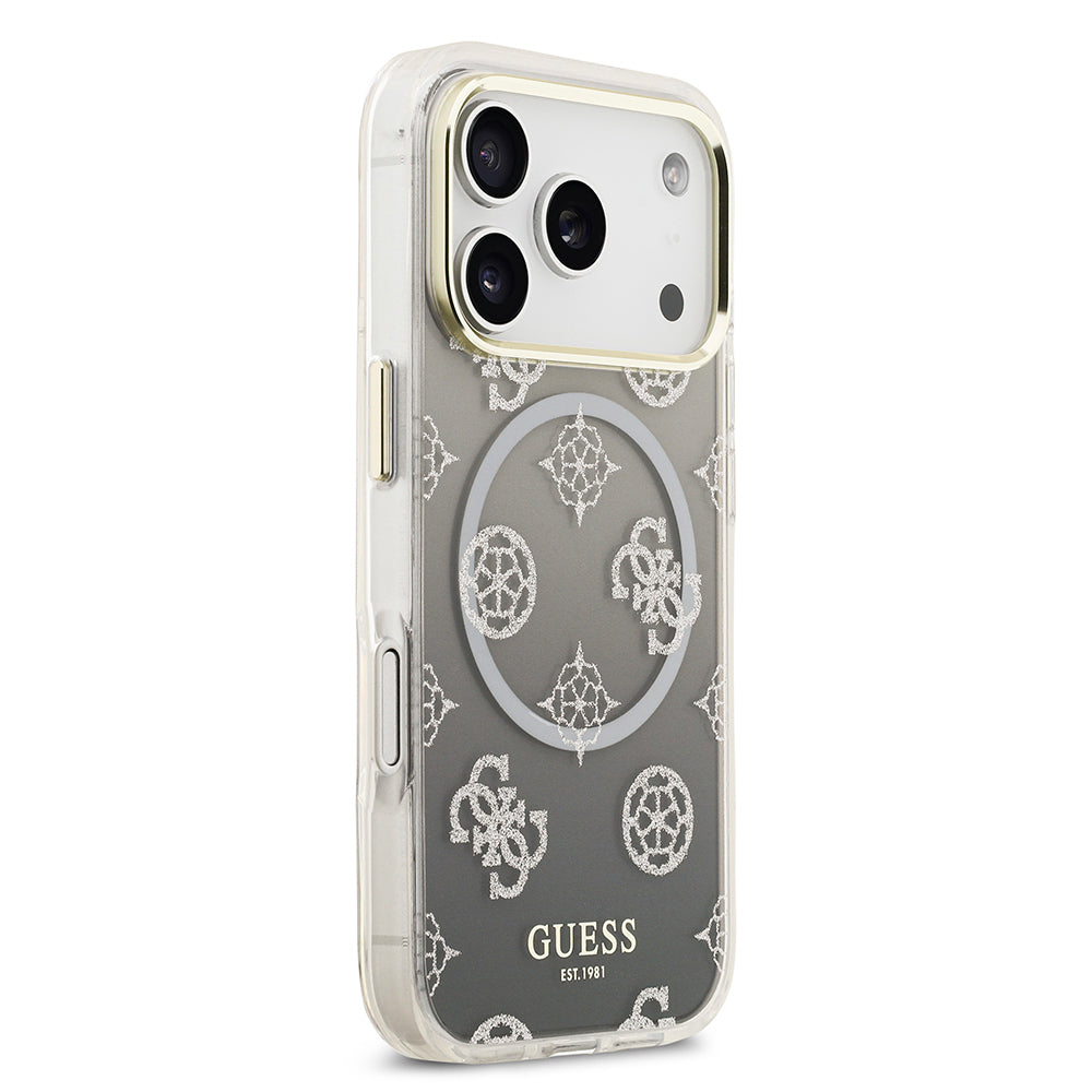 Apple iPhone 17 Pro Kılıf Guess Orjinal Lisanslı M-safe Şarj Özellikli Simli Peony Desenli Silikon Kapak Pembe