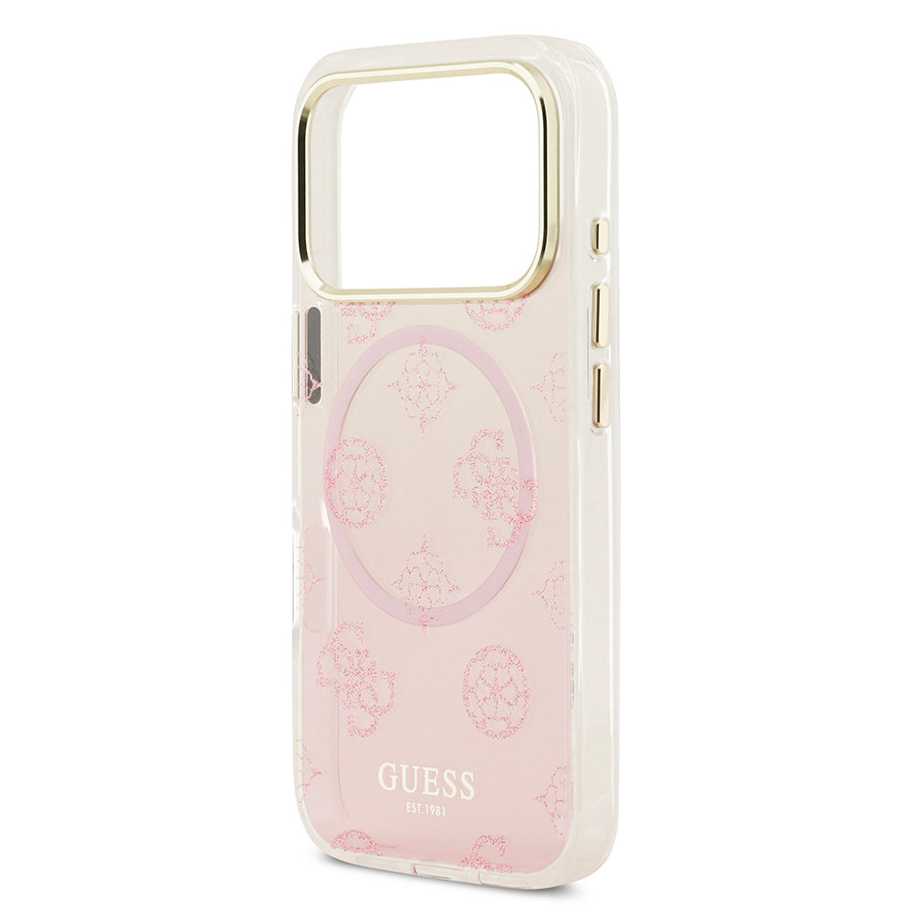 Apple iPhone 17 Pro Kılıf Guess Orjinal Lisanslı M-safe Şarj Özellikli Simli Peony Desenli Silikon Kapak Pembe