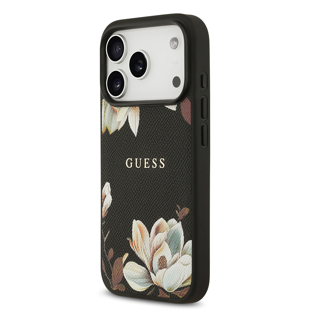 Apple iPhone 17 Pro Kılıf Guess Orjinal Lisanslı M-safe Şarj Özellikli Taneli Çiçek Tasarımlı Metal Yazı Logolu Kapak Pembe