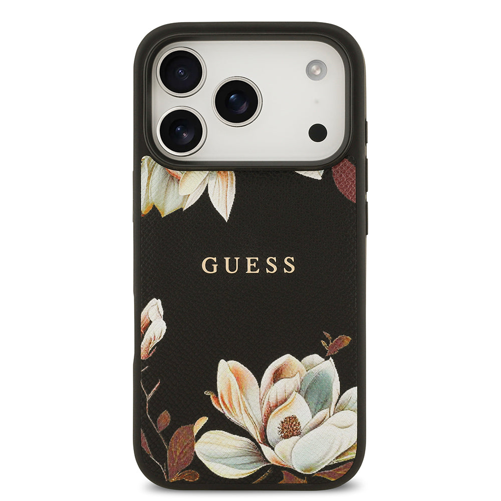 Apple iPhone 17 Pro Kılıf Guess Orjinal Lisanslı M-safe Şarj Özellikli Taneli Çiçek Tasarımlı Metal Yazı Logolu Kapak Pembe