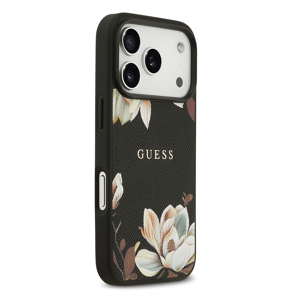 Apple iPhone 17 Pro Kılıf Guess Orjinal Lisanslı M-safe Şarj Özellikli Taneli Çiçek Tasarımlı Metal Yazı Logolu Kapak Pembe