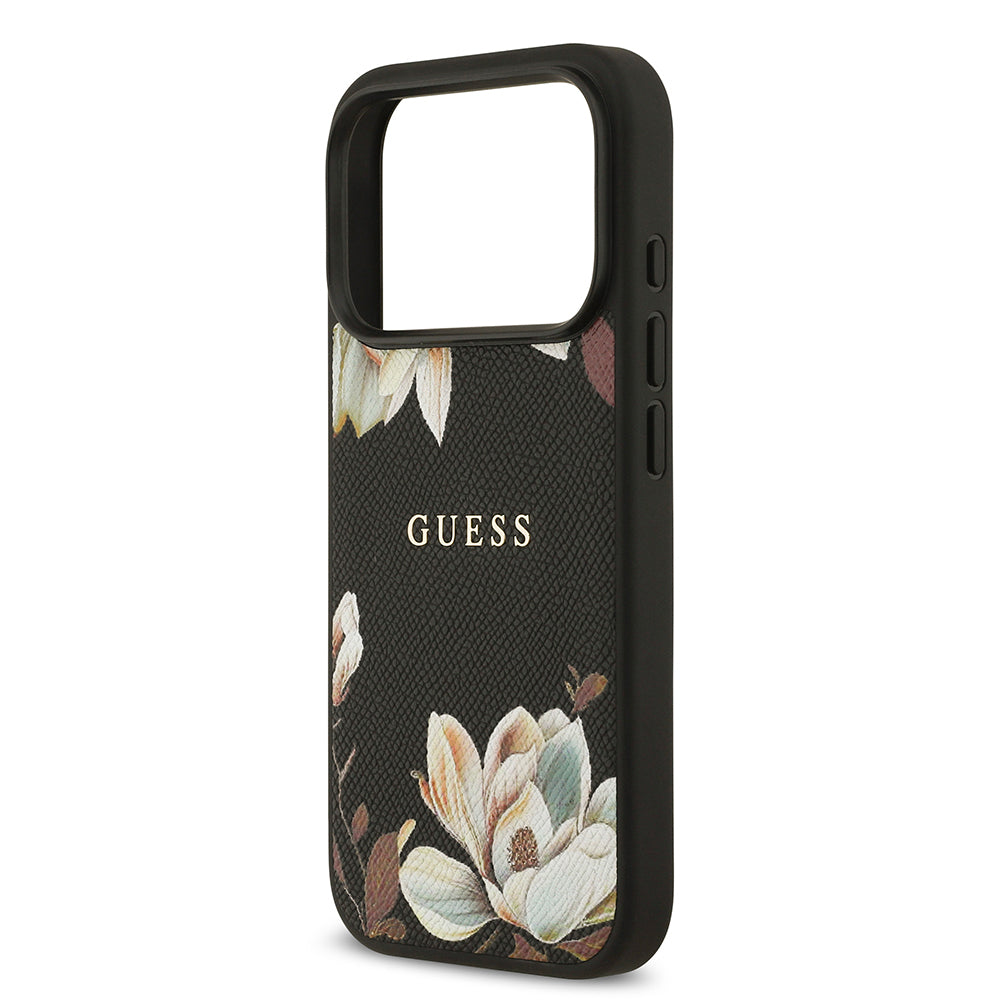 Apple iPhone 17 Pro Kılıf Guess Orjinal Lisanslı M-safe Şarj Özellikli Taneli Çiçek Tasarımlı Metal Yazı Logolu Kapak Pembe