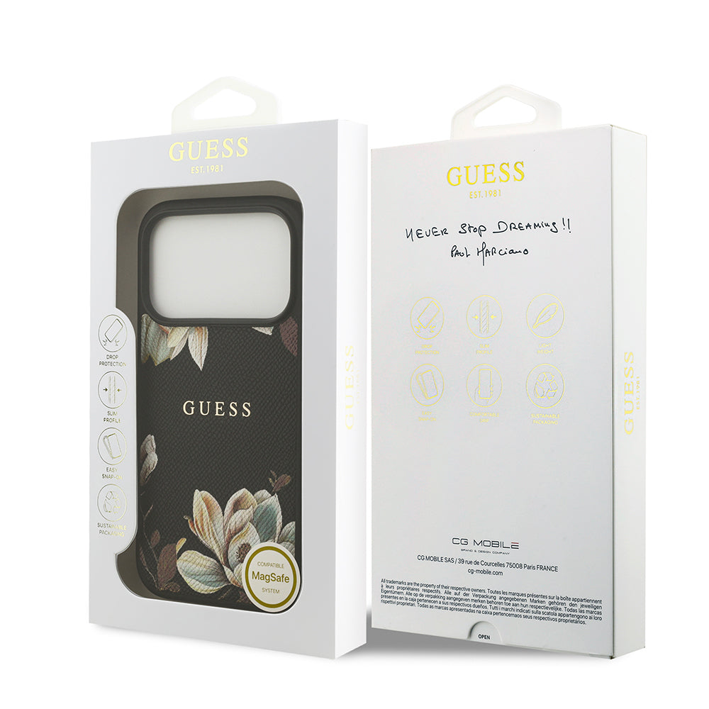 Apple iPhone 17 Pro Kılıf Guess Orjinal Lisanslı M-safe Şarj Özellikli Taneli Çiçek Tasarımlı Metal Yazı Logolu Kapak Pembe