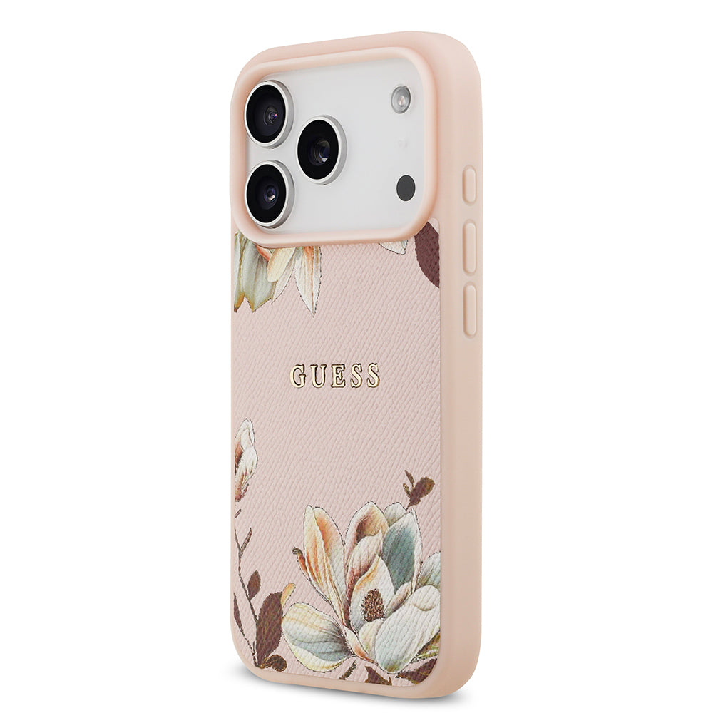 Apple iPhone 17 Pro Kılıf Guess Orjinal Lisanslı M-safe Şarj Özellikli Taneli Çiçek Tasarımlı Metal Yazı Logolu Kapak Siyah