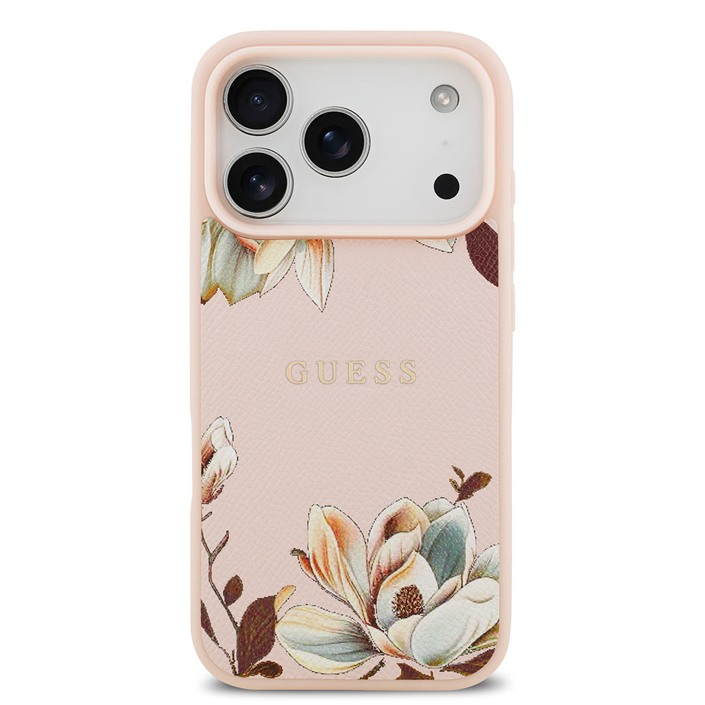 Apple iPhone 17 Pro Kılıf Guess Orjinal Lisanslı M-safe Şarj Özellikli Taneli Çiçek Tasarımlı Metal Yazı Logolu Kapak Siyah