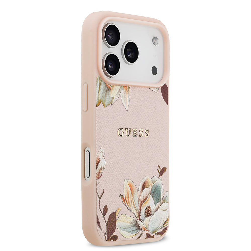 Apple iPhone 17 Pro Kılıf Guess Orjinal Lisanslı M-safe Şarj Özellikli Taneli Çiçek Tasarımlı Metal Yazı Logolu Kapak Siyah