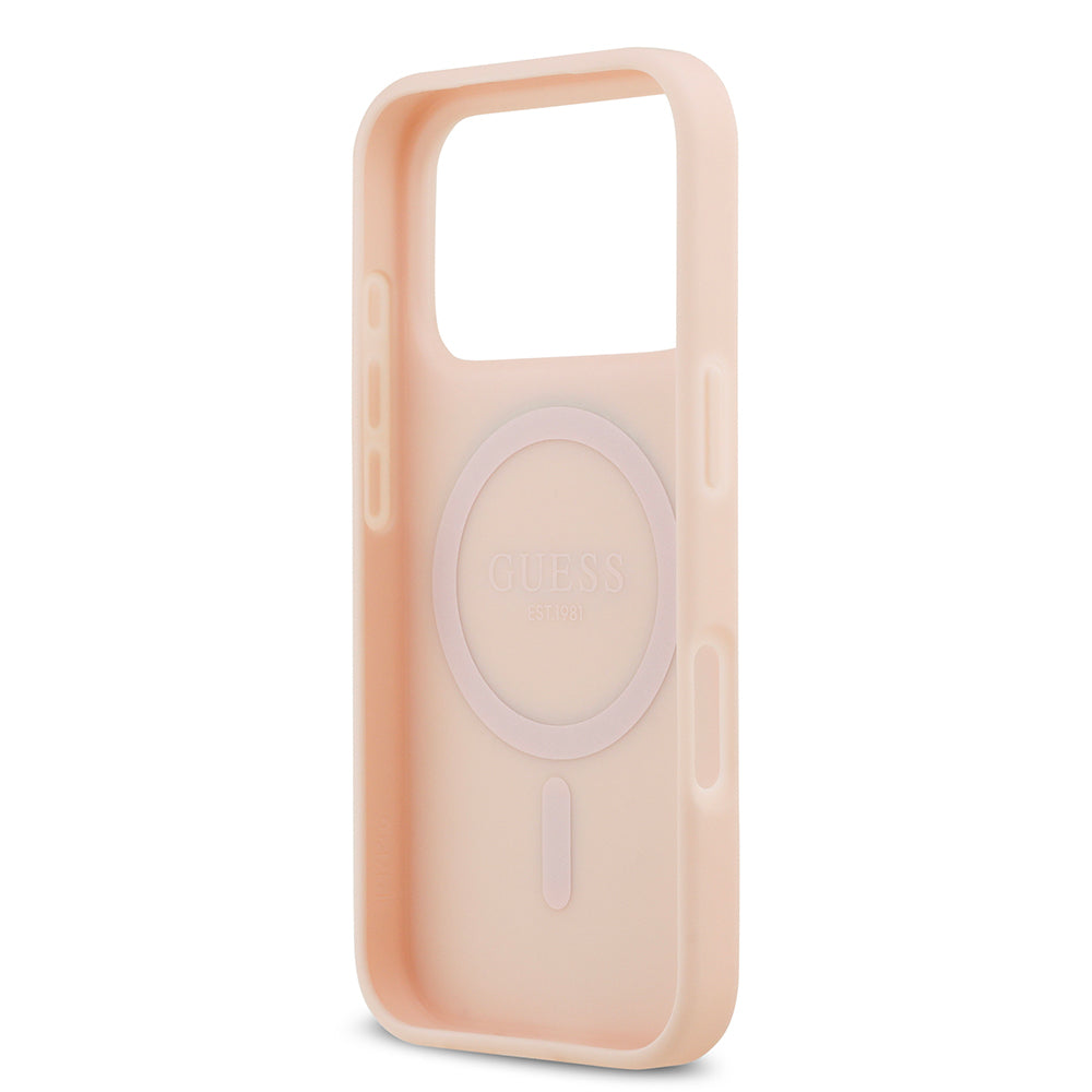 Apple iPhone 17 Pro Kılıf Guess Orjinal Lisanslı M-safe Şarj Özellikli Taneli Çiçek Tasarımlı Metal Yazı Logolu Kapak Pembe