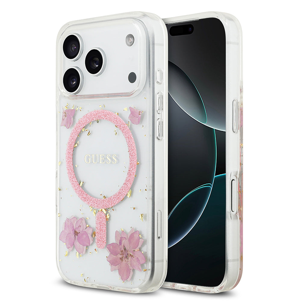 Apple iPhone 17 Pro Kılıf Guess Orjinal Lisanslı M-safe Şarj Özellikli Transparan Resin Flowers Kapak Mor