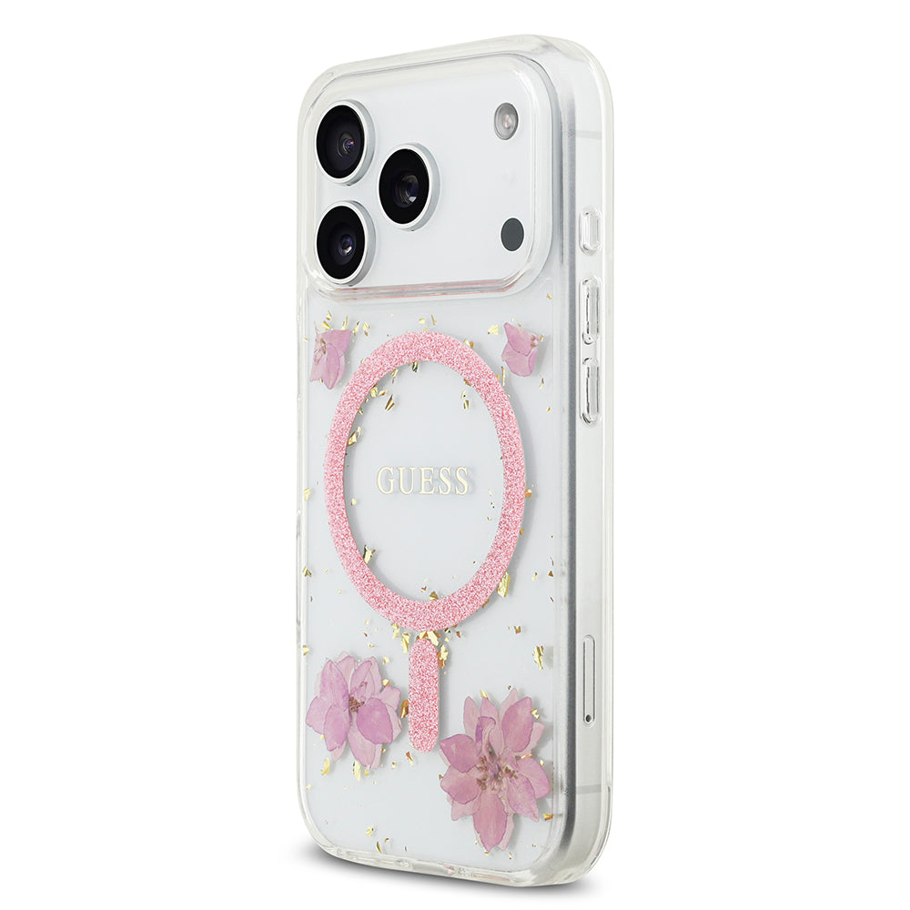 Apple iPhone 17 Pro Kılıf Guess Orjinal Lisanslı M-safe Şarj Özellikli Transparan Resin Flowers Kapak Pembe