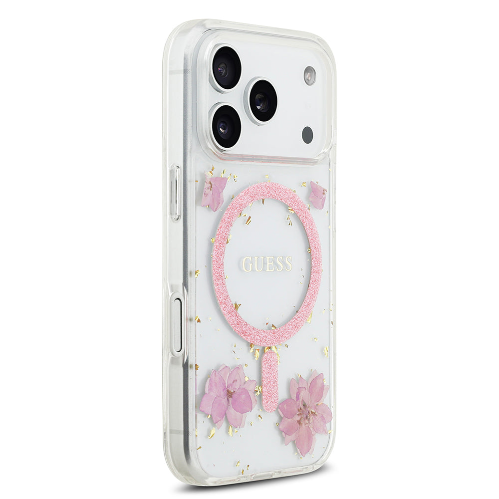 Apple iPhone 17 Pro Kılıf Guess Orjinal Lisanslı M-safe Şarj Özellikli Transparan Resin Flowers Kapak Mor