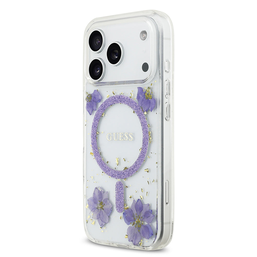 Apple iPhone 17 Pro Kılıf Guess Orjinal Lisanslı M-safe Şarj Özellikli Transparan Resin Flowers Kapak Mor