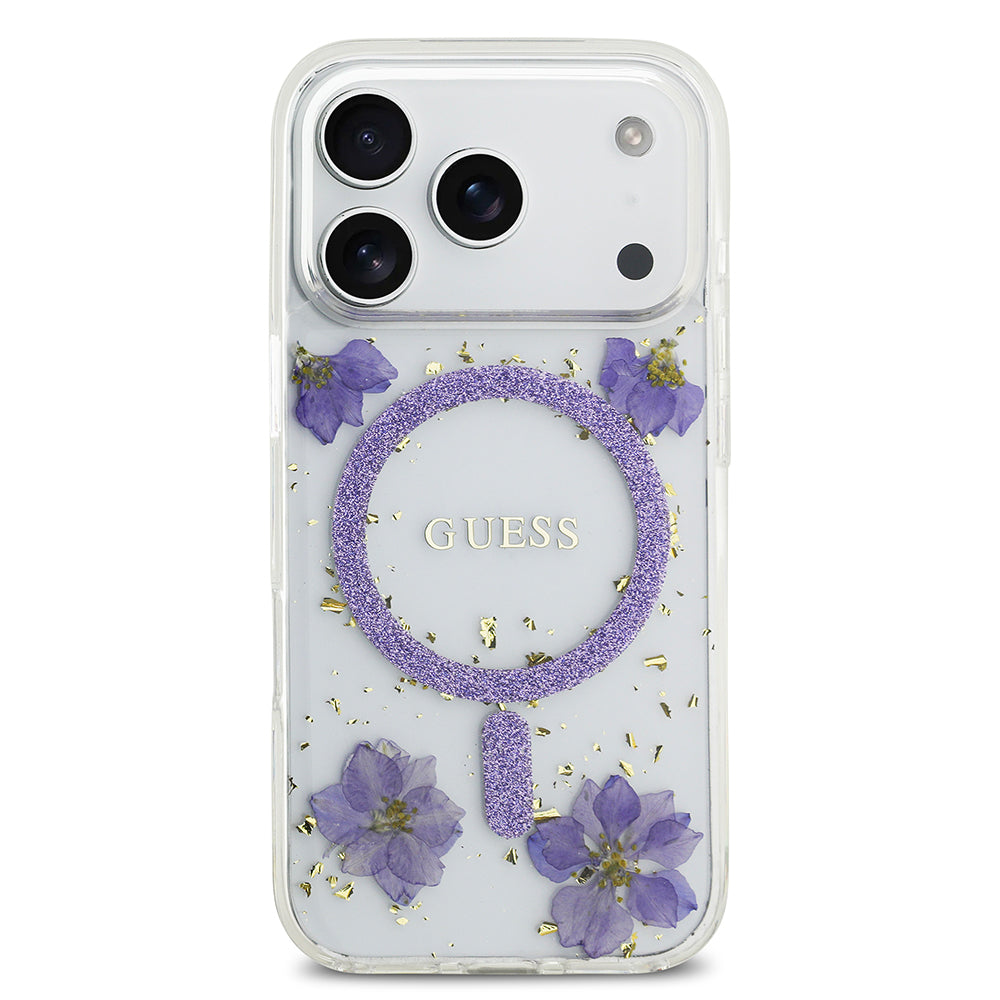 Apple iPhone 17 Pro Kılıf Guess Orjinal Lisanslı M-safe Şarj Özellikli Transparan Resin Flowers Kapak Mor