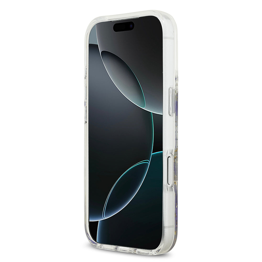 Apple iPhone 17 Pro Kılıf Guess Orjinal Lisanslı M-safe Şarj Özellikli Transparan Resin Flowers Kapak Mor