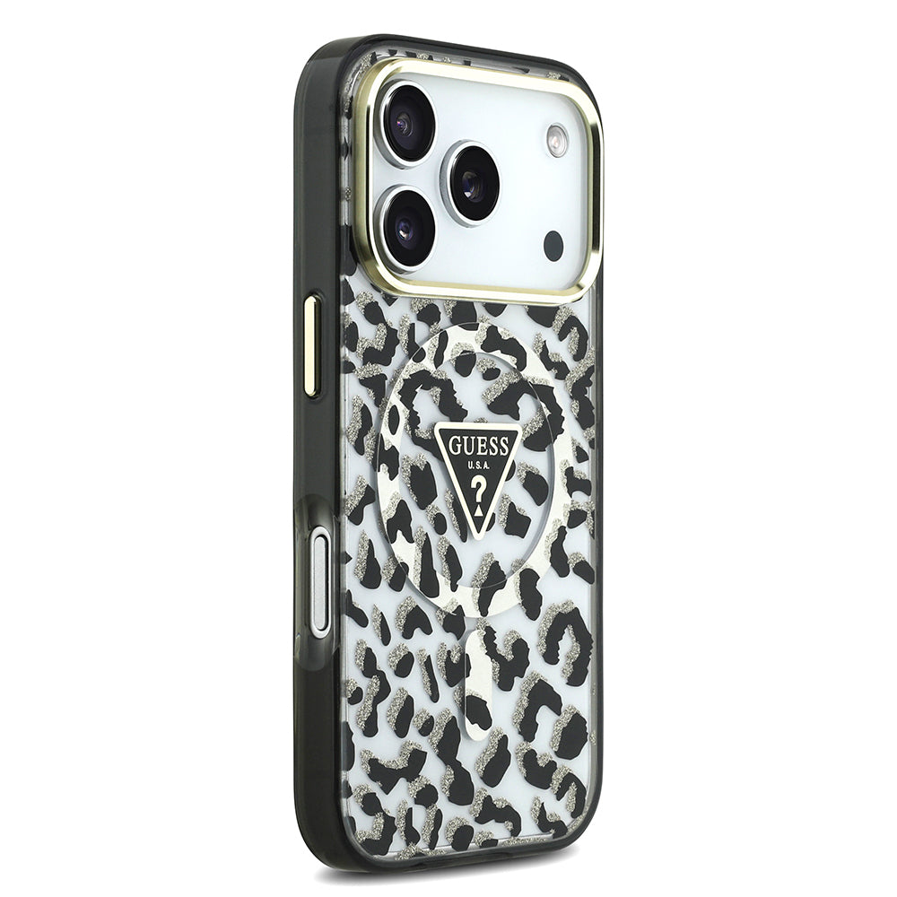 Apple iPhone 17 Pro Kılıf Guess Orjinal Lisanslı M-safe Şarj Özellikli Üçgen Logolu Simli Leopar Desenli Kapak Kahverengi