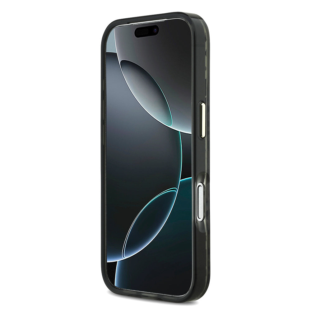 Apple iPhone 17 Pro Kılıf Guess Orjinal Lisanslı M-safe Şarj Özellikli Üçgen Logolu Simli Leopar Desenli Kapak Siyah