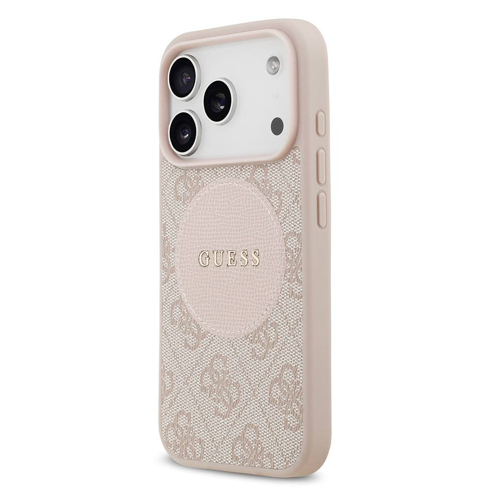 Apple iPhone 17 Pro Kılıf Guess Orjinal Lisanslı M-safe Şarj Özellikli Yazı Logolu Circle Classic Kapak  Pembe