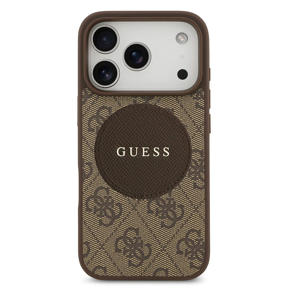 Apple iPhone 17 Pro Kılıf Guess Orjinal Lisanslı M-safe Şarj Özellikli Yazı Logolu Circle Classic Kapak  Kahverengi