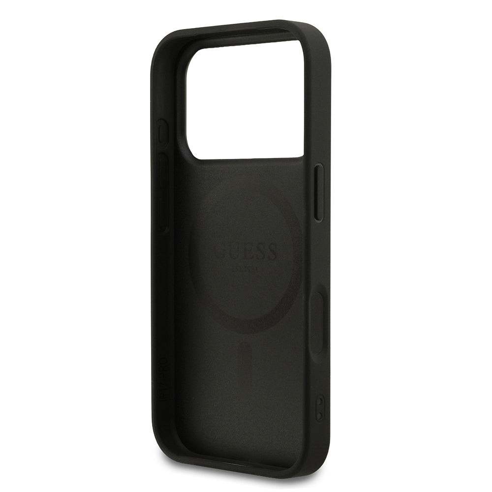 Apple iPhone 17 Pro Kılıf Guess Orjinal Lisanslı M-safe Şarj Özellikli Yazı Logolu PU Deri Kapak Siyah