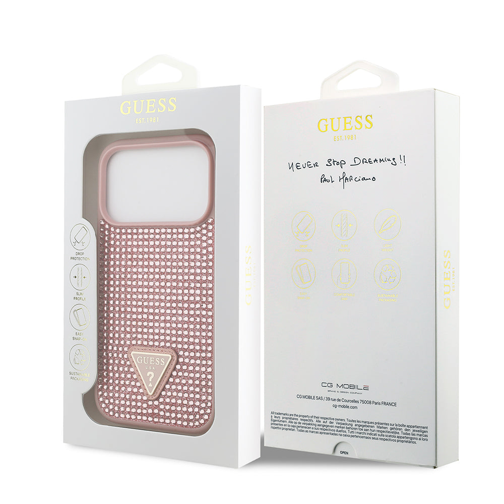 Apple iPhone 17 Pro Kılıf Guess Orjinal Lisanslı Taşlı Arka Yüzey Üçgen Logolu Kapak Siyah