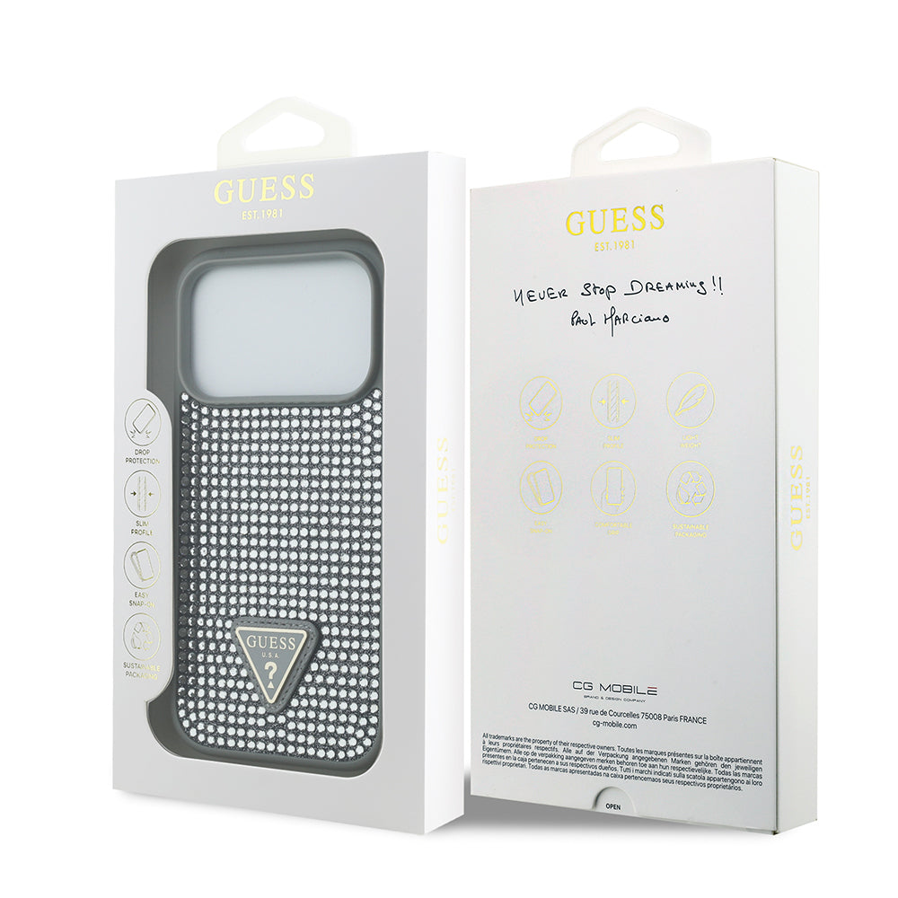 Apple iPhone 17 Pro Kılıf Guess Orjinal Lisanslı Taşlı Arka Yüzey Üçgen Logolu Kapak Gold