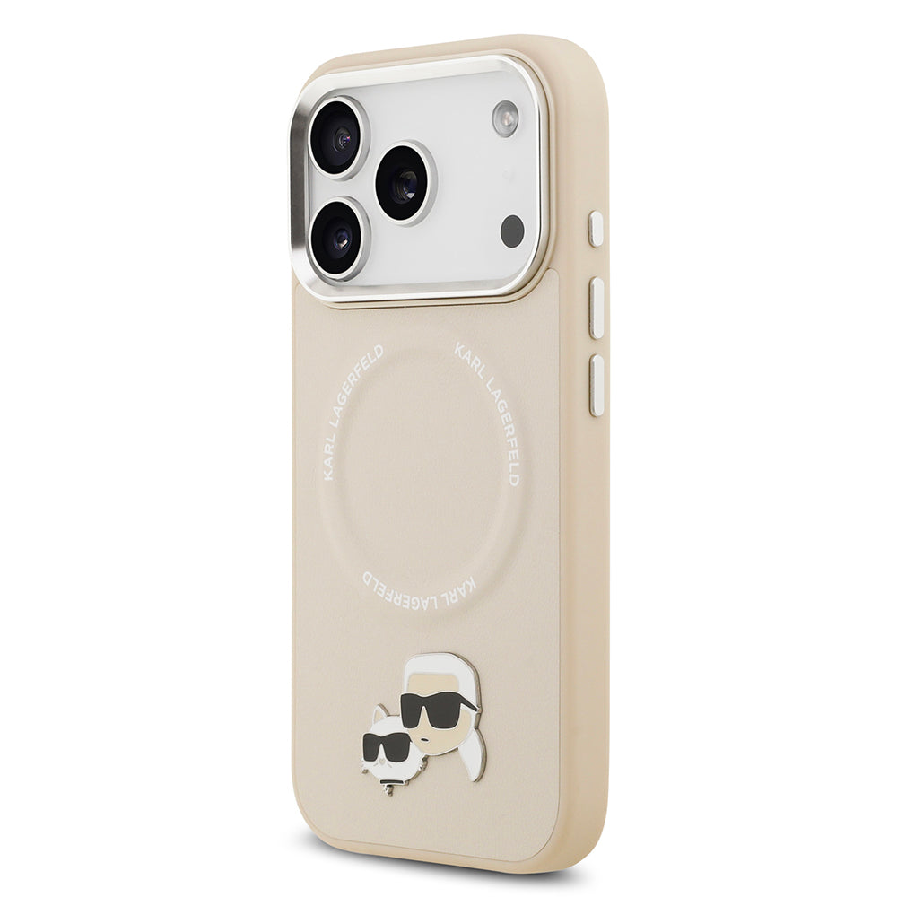 Apple iPhone 17 Pro Kılıf Karl Lagerfeld Orjinal Lisanslı M-safe Şarj Özellikli Metal Kamera ve Buton Tasarımlı K&C PU Deri Kapak Bej