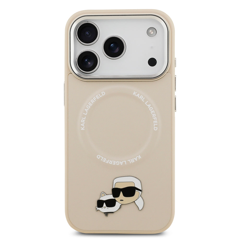 Apple iPhone 17 Pro Kılıf Karl Lagerfeld Orjinal Lisanslı M-safe Şarj Özellikli Metal Kamera ve Buton Tasarımlı K&C PU Deri Kapak Bej