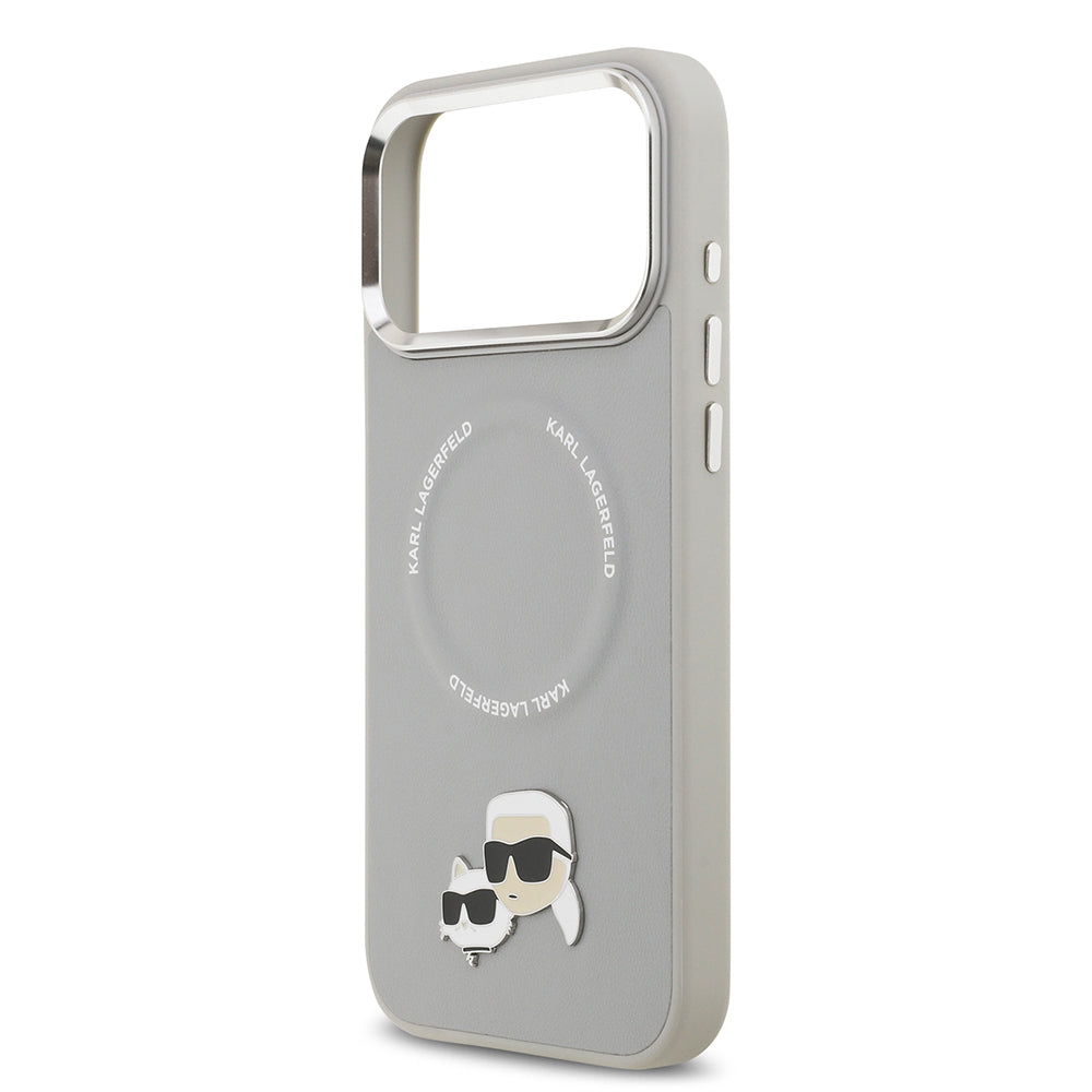 Apple iPhone 17 Pro Kılıf Karl Lagerfeld Orjinal Lisanslı M-safe Şarj Özellikli Metal Kamera ve Buton Tasarımlı K&C PU Deri Kapak Gri