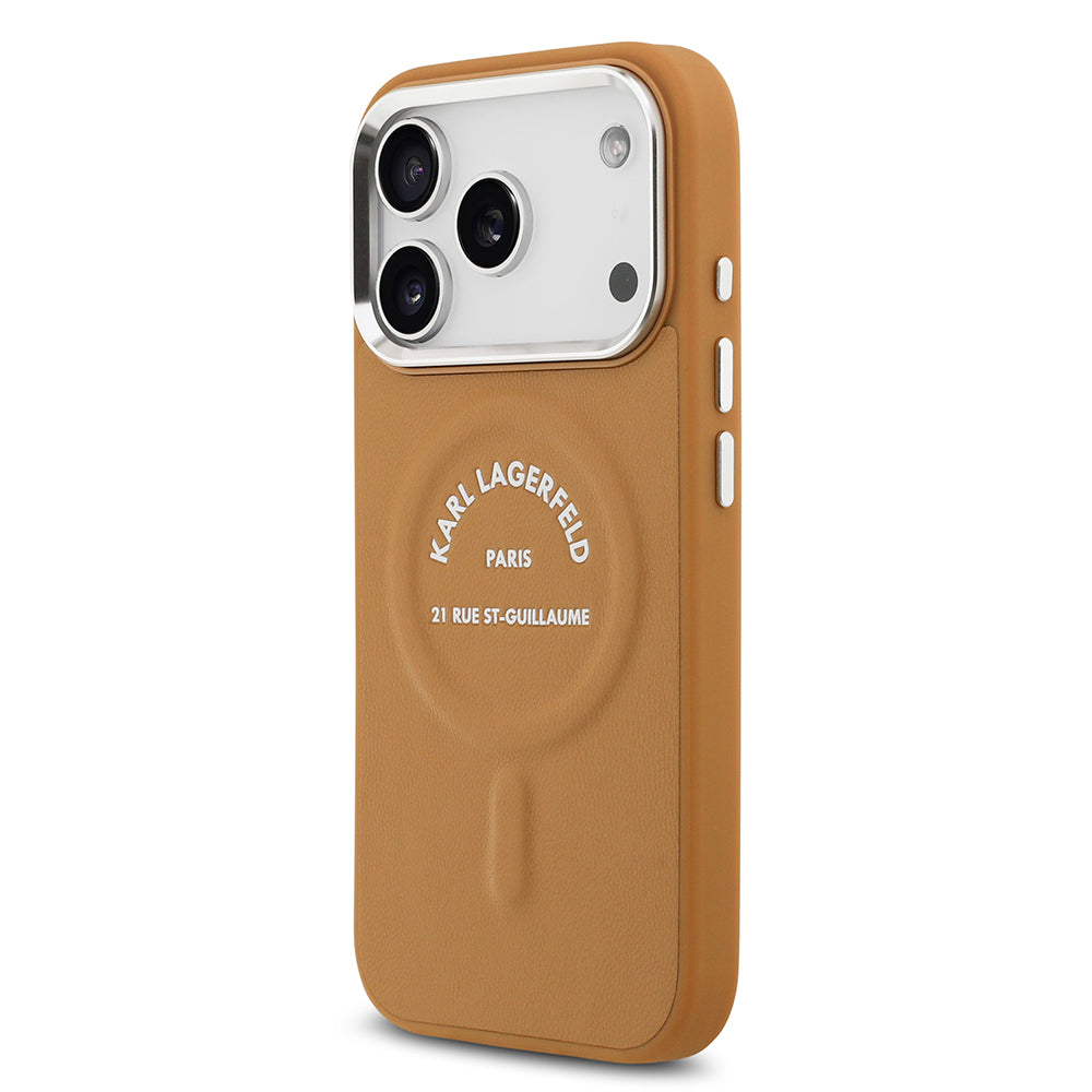 Apple iPhone 17 Pro Kılıf Karl Lagerfeld Orjinal Lisanslı M-safe Şarj Özellikli Metal Kamera ve Buton Tasarımlı Paris RSG PU Deri Kapak Kahverengi