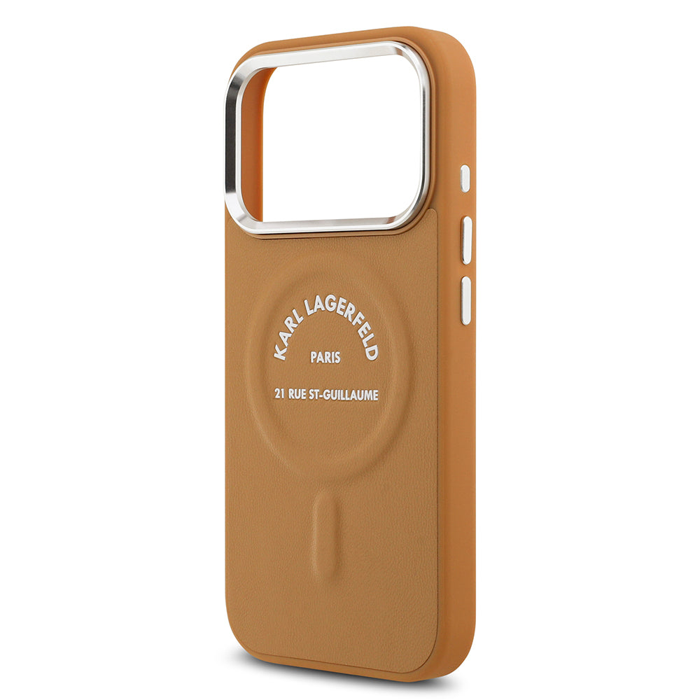 Apple iPhone 17 Pro Kılıf Karl Lagerfeld Orjinal Lisanslı M-safe Şarj Özellikli Metal Kamera ve Buton Tasarımlı Paris RSG PU Deri Kapak Kahverengi
