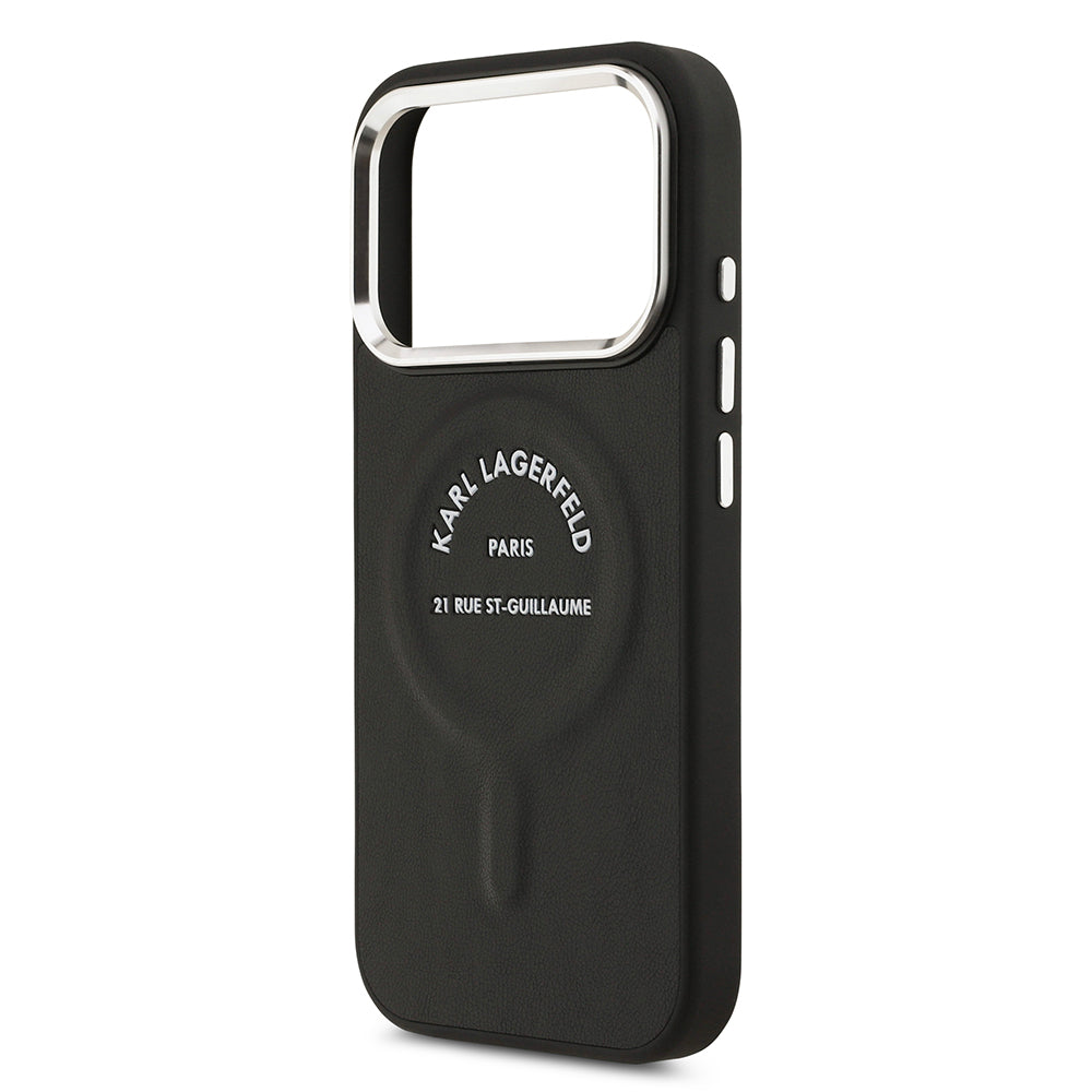 Apple iPhone 17 Pro Kılıf Karl Lagerfeld Orjinal Lisanslı M-safe Şarj Özellikli Metal Kamera ve Buton Tasarımlı Paris RSG PU Deri Kapak Siyah
