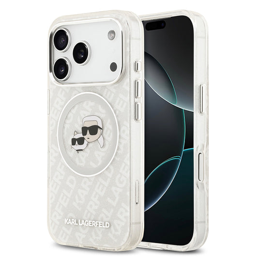 Apple iPhone 17 Pro Kılıf Karl Lagerfeld Orjinal Lisanslı Parlayan Simli Karl & Choupette Heads Kapak Pembe