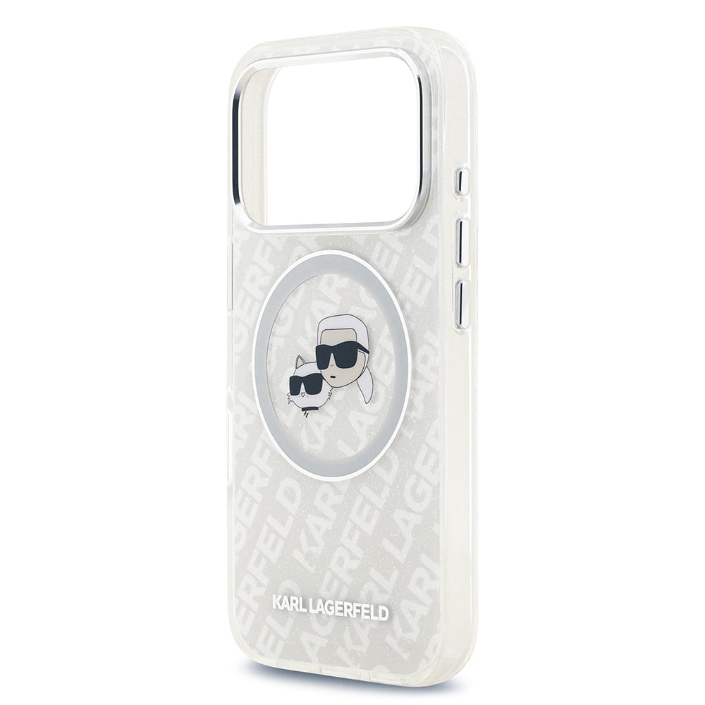 Apple iPhone 17 Pro Kılıf Karl Lagerfeld Orjinal Lisanslı Parlayan Simli Karl & Choupette Heads Kapak Pembe