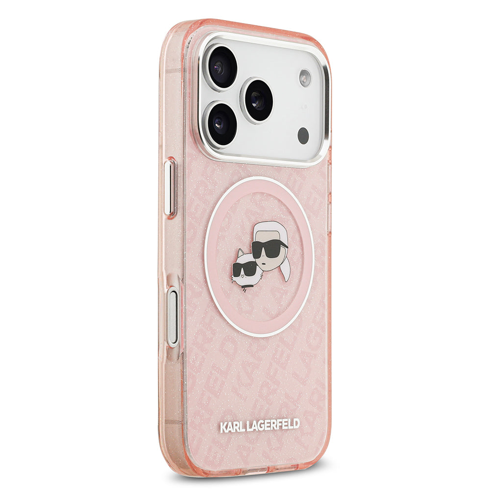 Apple iPhone 17 Pro Kılıf Karl Lagerfeld Orjinal Lisanslı Parlayan Simli Karl & Choupette Heads Kapak Siyah