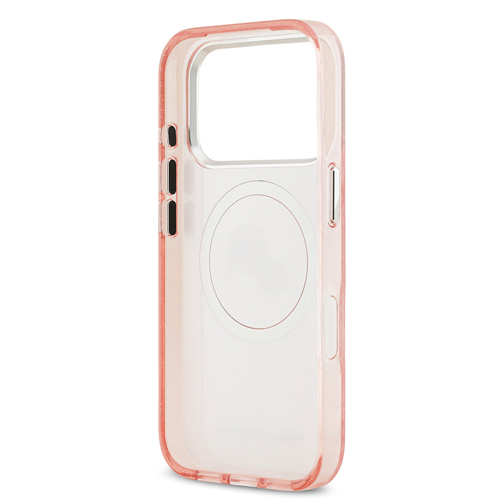 Apple iPhone 17 Pro Kılıf Karl Lagerfeld Orjinal Lisanslı Parlayan Simli Karl & Choupette Heads Kapak Pembe