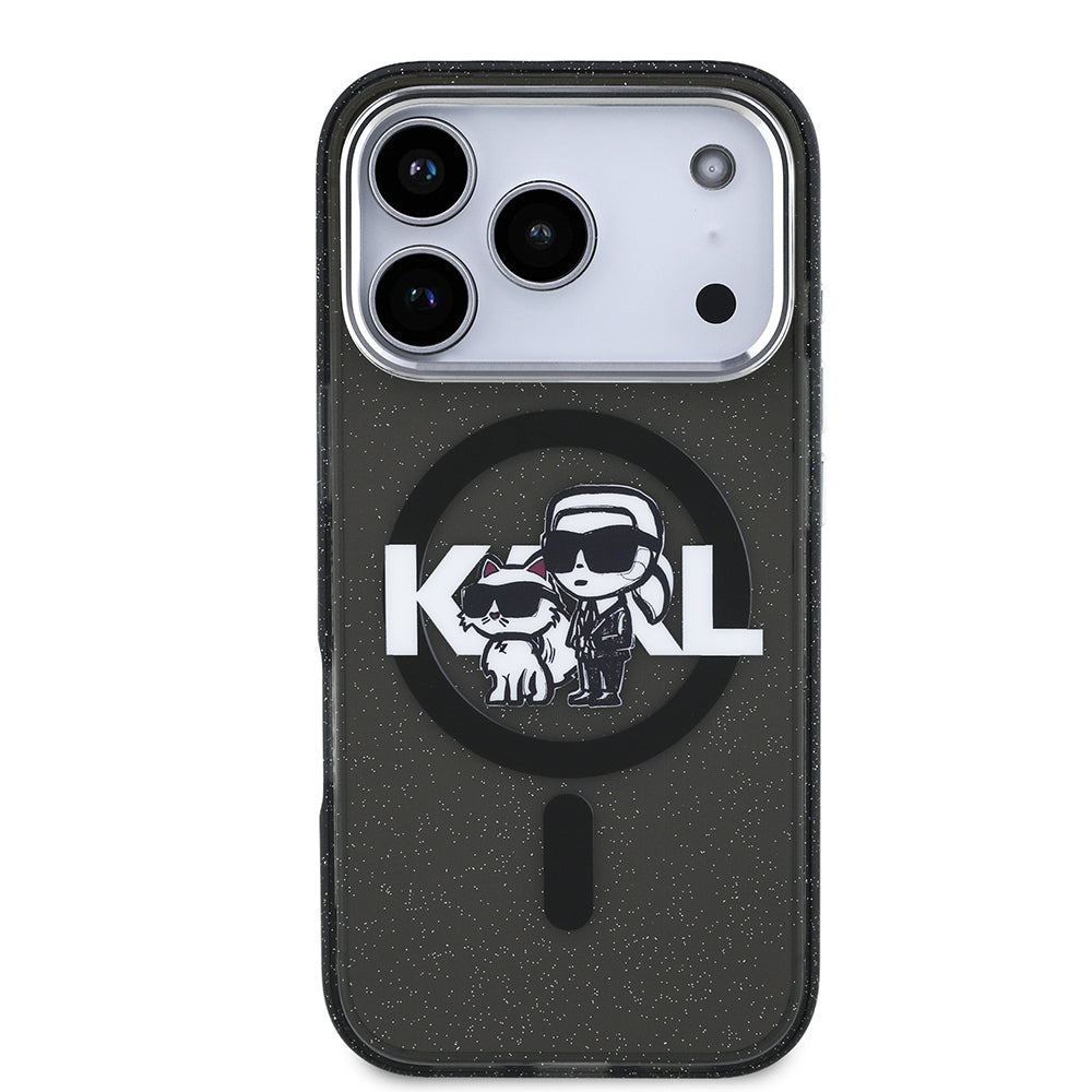 Apple iPhone 17 Pro Kılıf Karl Lagerfeld Orjinal Lisanslı Parlayan Simli Karl & Choupette Sketch Logo Kapak Siyah