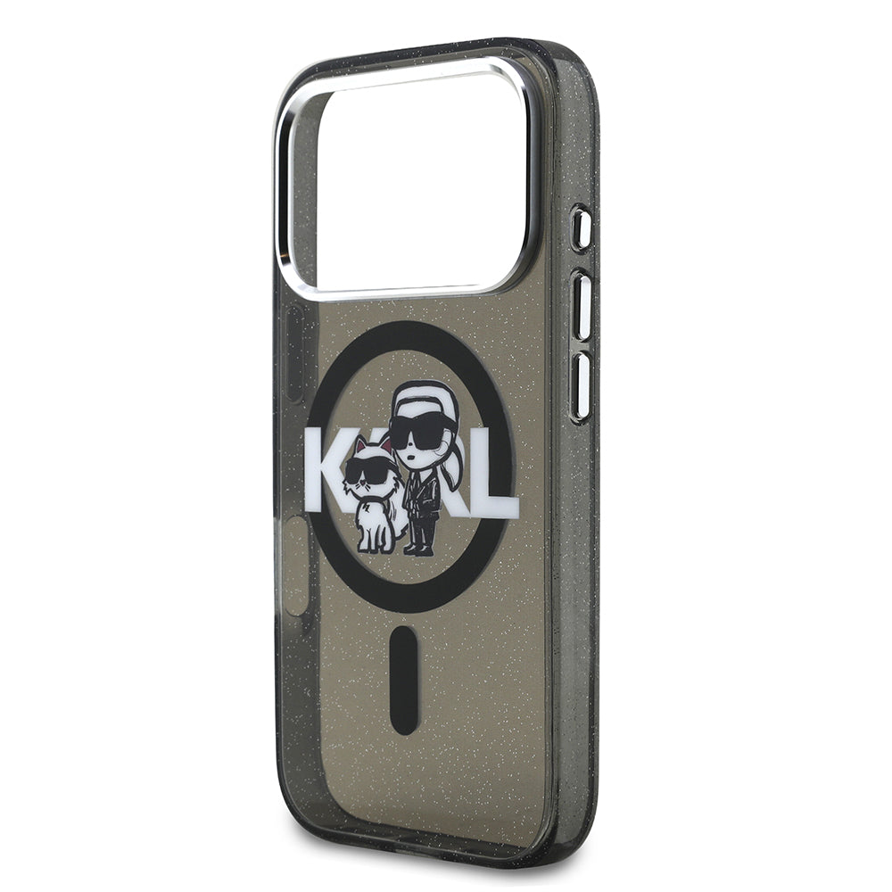 Apple iPhone 17 Pro Kılıf Karl Lagerfeld Orjinal Lisanslı Parlayan Simli Karl & Choupette Sketch Logo Kapak Siyah