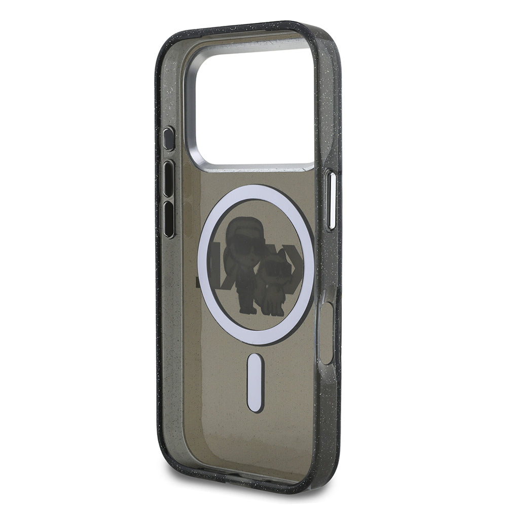 Apple iPhone 17 Pro Kılıf Karl Lagerfeld Orjinal Lisanslı Parlayan Simli Karl & Choupette Sketch Logo Kapak Siyah